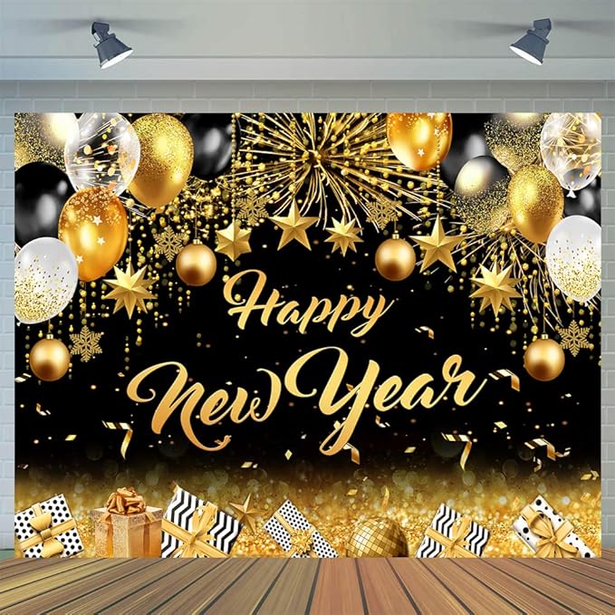 CYLYH 10X8FT 2026 New Year Backdrop Black and Gold Background New Year Holiday Party Banner Backdrop Christmas Party Decorations Banner