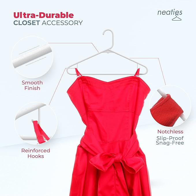 Neaties Plastic Hangers 50 Pack (60 Count) – Made in The USA – 6lb Capacity Standard Clothes Hangers with Strap Hooks for Dresses, Lingerie, Shirts, Pants, and Jackets – White