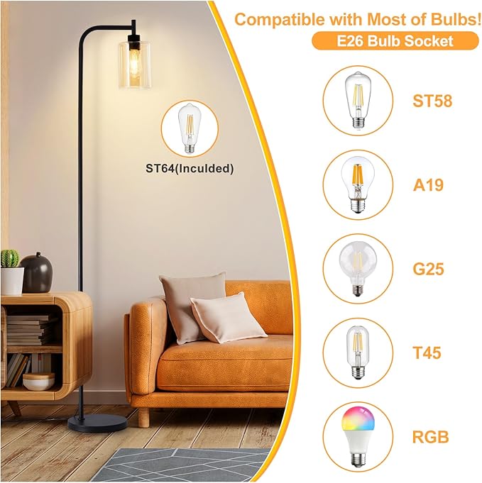 DLLT Floor Lamp Tall for Room: Black Standing Lamp with Amber Glass Lampshade for Living Room - Modern Bright Lamp for Bedroom - Industrial Corner Floor Lamps for Office 8W Led Bulb Included