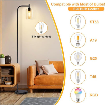 DLLT Floor Lamp Tall for Room: Black Standing Lamp with Amber Glass Lampshade for Living Room - Modern Bright Lamp for Bedroom - Industrial Corner Floor Lamps for Office 8W Led Bulb Included