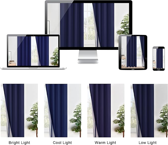 XWZO Full Shading Blackout Curtains 63 Inches Length with Tiebacks- Heat and Light Blocking Ring Top Window Drapes with Black Liner Backing for Bedroom/Living Room, Navy Blue, W60 x L63, Set of 2