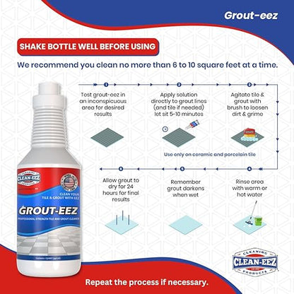 Clean-eez Grout-eez Tile Cleaner with Handheld Brush – 32 oz Heavy-Duty Stain Remover for Ceramic and Porcelain Surfaces – Safe for Colored Grout – Not for Natural Stone – Bathroom & Kitchen Use
