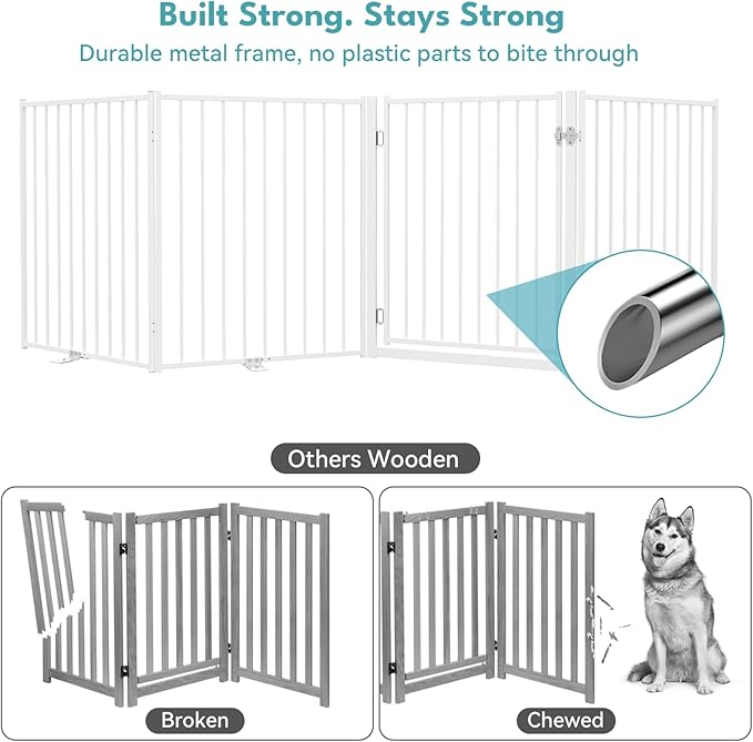 No Pawblems Free Standing Dog Gate with Door, 36'' Tall Foldable Dog Fence for Indoor & Outdoor, Up to 156 Inch Extra Wide Puppy Gate for Stairs, Hallways, Doorways, Deck, Yard (White, 6 Panels)