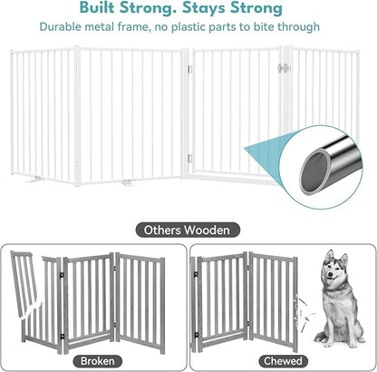 No Pawblems Free Standing Dog Gate with Door, 36'' Tall Foldable Dog Fence for Indoor & Outdoor, Up to 156 Inch Extra Wide Puppy Gate for Stairs, Hallways, Doorways, Deck, Yard (White, 6 Panels)