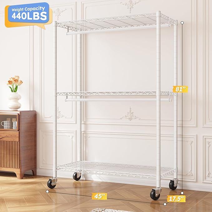 Raybee Heavy Duty Clothes Rack, 81" H Clothing Racks for Hanging Clothes, Clothing Rack with Wheels and Adjustable Feet, Max Load 440LBS, White