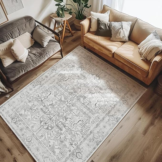 jinchan 5x7 Machine Washable Area Rugs - Vintage Floral Stain Resistant Low Pile Ultra-Thin Non Slip Accent Rug for Bedroom Living Room Kitchen Dining Room Entryway (5x7ft,Grey)