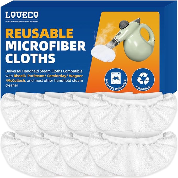 LOVECO 8 Pack Universal Microfiber Cloths for Handheld Steam Cleaner - Compatible with Bissell Steam Shot, PurSteam, Wagner Spraytech etc - Reusable Washable Steam Cloth Accessories
