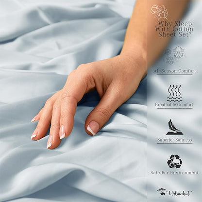URBANHUT 800 Thread Count Queen Size Sheets Egyptian Cotton, Long Staple, Soft & Breathable, 4 Pc Bed Sheet Sets for Queen Size, Luxury Hotel Sateen Sheets Fits 16" Deep Pocket - Light Blue