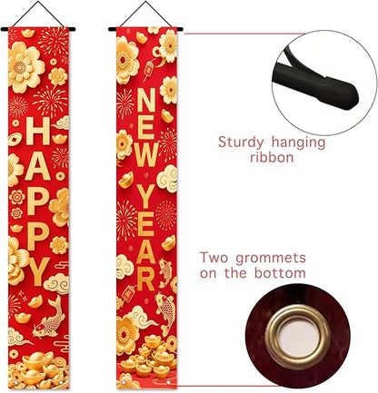 Nuxovilar Happy New Year Banner, 70.86" x 11.81" Red Gold Pattern Hanging Decorations for Outdoor Indoor Home Wall