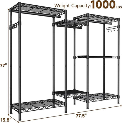 Heavy Duty Garment Rack Clothes Rack,Large Metal Closet Organizer System Storage Wardrobe,Freestanding Clothing Rack with 7 Adjustable Wire Shelves&2 Hang Rods,MaxLoad 1000lbs