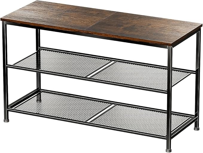 30 Inch Shoe Rack for Closet, 3 Tier Shoe Organizer Storage Bench with Wood Seat & Mesh Shelves, Leveling Feet for Entryway, Rustic Brown