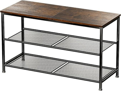 30 Inch Shoe Rack for Closet, 3 Tier Shoe Organizer Storage Bench with Wood Seat & Mesh Shelves, Leveling Feet for Entryway, Rustic Brown