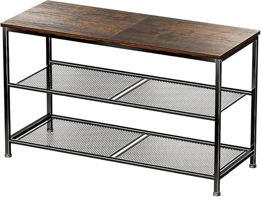 30 Inch Shoe Rack for Closet, 3 Tier Shoe Organizer Storage Bench with Wood Seat & Mesh Shelves, Leveling Feet for Entryway, Rustic Brown