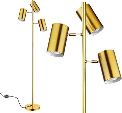 Tree Floor Lamp with 3 Light Bulbs,Gold Standing Tall Pole Lamp with 3 Adjustable Rotating Lights,Farmhouse Floor Lamp for Living Room Bedroom Office,Vintage Standing Lamp 9W E26 LED Bulbs Included