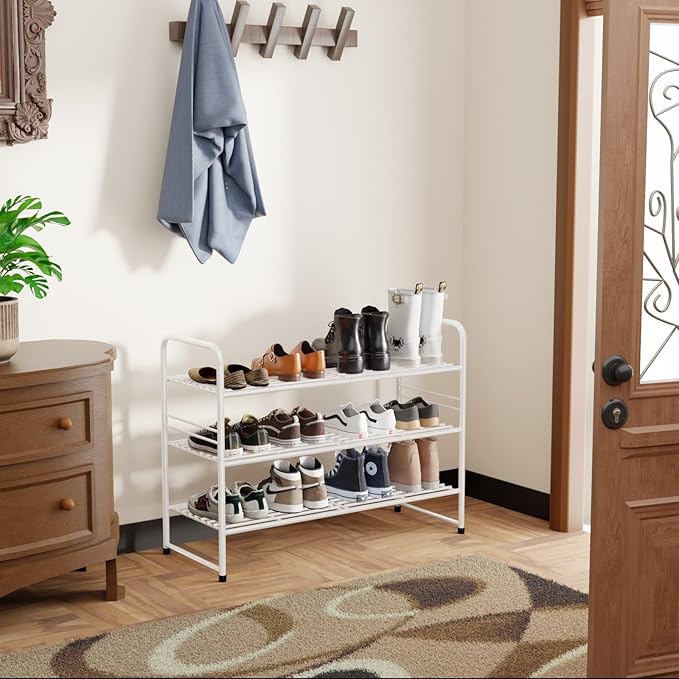 SUFAUY 3-Tier Shoe Rack, Closet Metal 33" Wide Shoe Rack Organizer Heavy Duty, Stackable, White