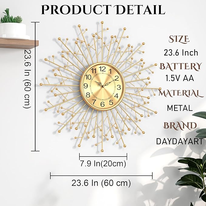 Large Modern Gold Wall Clock Decorative Mid Century Sunburst Branch Wall Clocks, Minimalism Metal Silent Clock, Luxury Home Gift Decor for Living Room, Bedroom, Dining Room, 24 inch