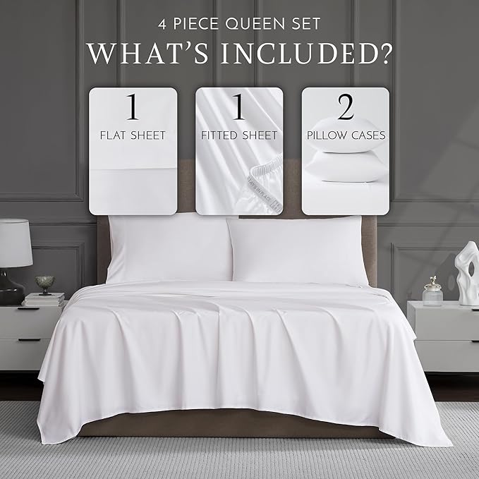 Linen Closet Queen Sheet Set – 4-Piece Cotton Blend, 1200 Thread Count Ultra Soft & Silky Sateen, Moisture Wicking, Wrinkle Resistant, Quick Dry, Deep Pocket up to 18", Durable & Easy Care, White