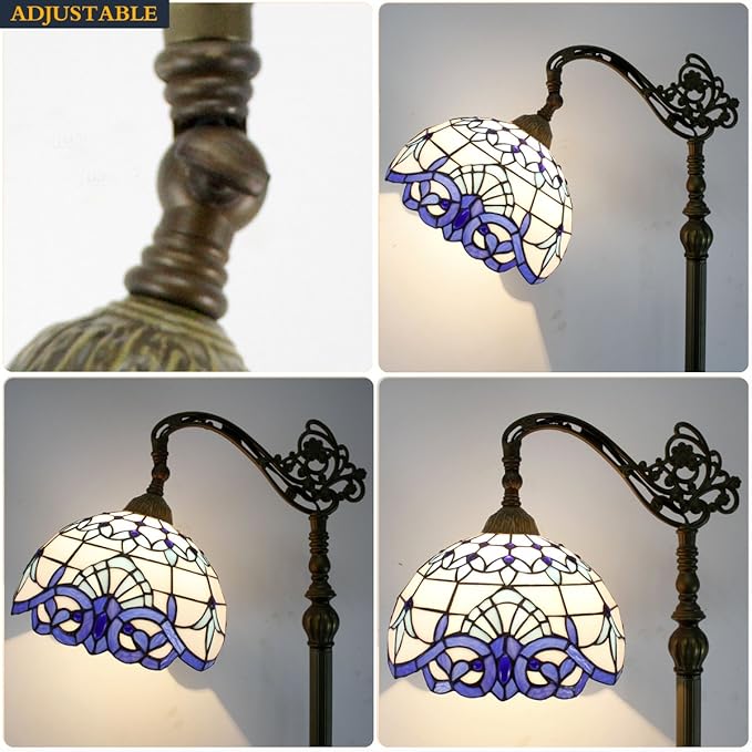 WERFACTORY Tiffany Floor Lamp Navy Blue White Stained Glass Arched Lamp 12X18X64 Inches Gooseneck Adjustable Corner Standing Reading Light Decor Bedroom Living Room S003B Series
