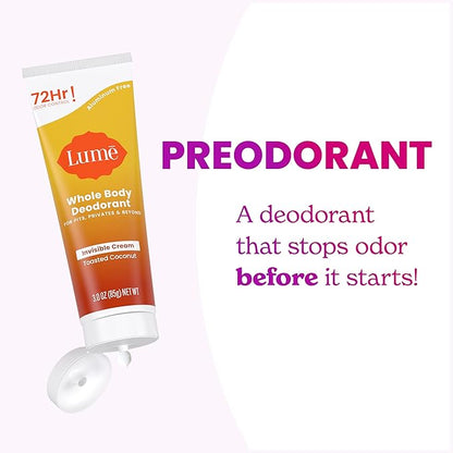 Lume Whole Body Deodorant - Invisible Cream Tube - 72 Hour Odor Control - Aluminum Free, Baking Soda Free, Skin Safe - 3.0 ounce (Pack of 2) (Toasted Coconut)