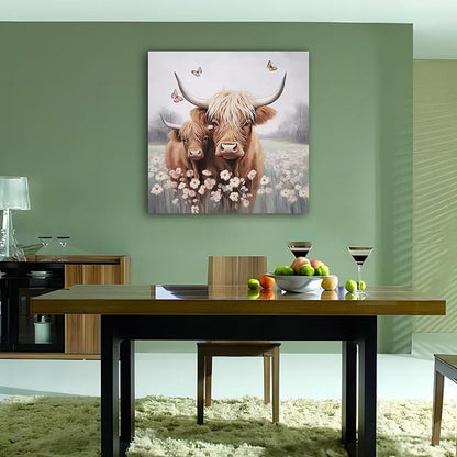 Anolyfi Bathroom Highland Cow Canvas Wall Art Rustic Flower Farmhouse Picture Animal Landscape Painting Abstract Textured Artwork Framed for Bedroom Living Room Kitchen Office Home Decor 20"x20"