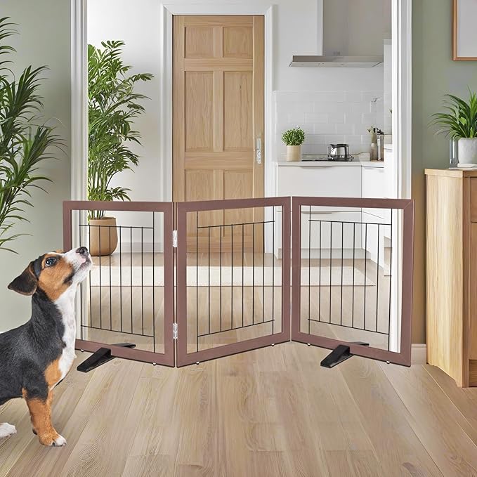 ZJSF Freestanding Dog Gate Indoor, Foldable Dog Fence for Doorways,Hallways or Stairs, Sturdy Wood Extra Wide Pet Gate with Support Feet,Brown,24 "Height-3 Panels