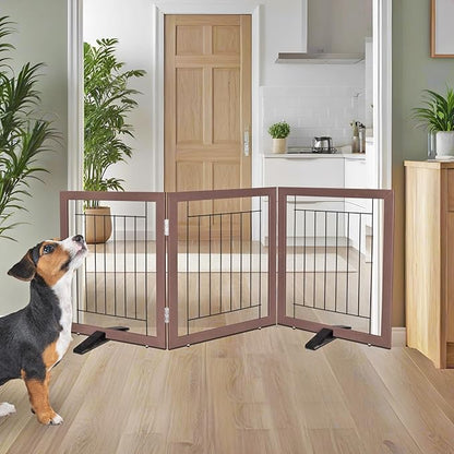 ZJSF Freestanding Dog Gate Indoor, Foldable Dog Fence for Doorways,Hallways or Stairs, Sturdy Wood Extra Wide Pet Gate with Support Feet,Brown,24 "Height-3 Panels