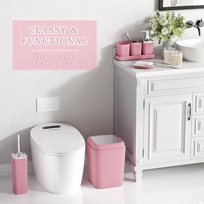 Pink Bathroom Accessories Set, 9PCS Pink Bathroom Accessory Sets Complete with Trash Can, Tray,Soap Dispenser,Soap Dish,Toothbrush Holder,Cup,Toilet Brush and Qtip Holders for Housewarming
