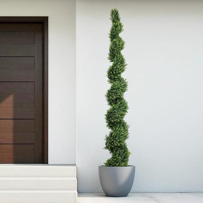 THE BLOOM TIMES 7ft Spiral Artificial Topiary Trees Set of 2, 82 inch Faux Cedar Trees for Outdoor Planters - Fake Twist Cypress Plants for Garden Front Porch Indoor Outside Christmas Decor 7 Foot