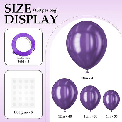 130PCS Metallic Purple Balloons, Latex Balloon Different Sizes 18/12/10/5 In, Helium Balloons with Ribbon, Party Balloon for Birthday Wedding Graduation Anniversary Baby Shower Decoration