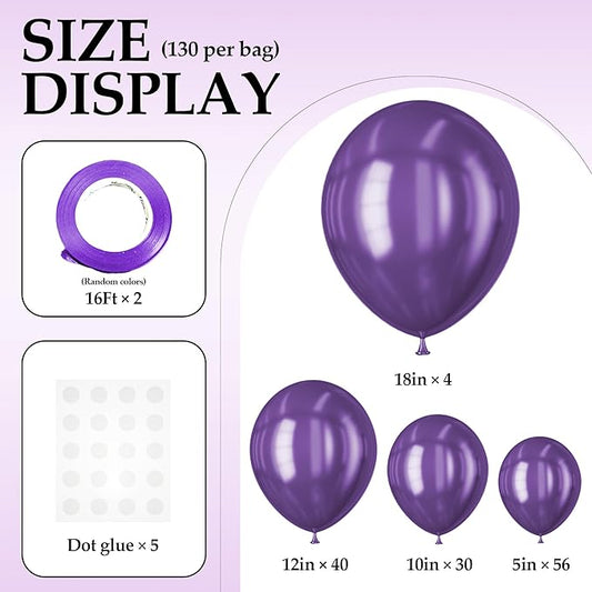 130PCS Metallic Purple Balloons, Latex Balloon Different Sizes 18/12/10/5 In, Helium Balloons with Ribbon, Party Balloon for Birthday Wedding Graduation Anniversary Baby Shower Decoration