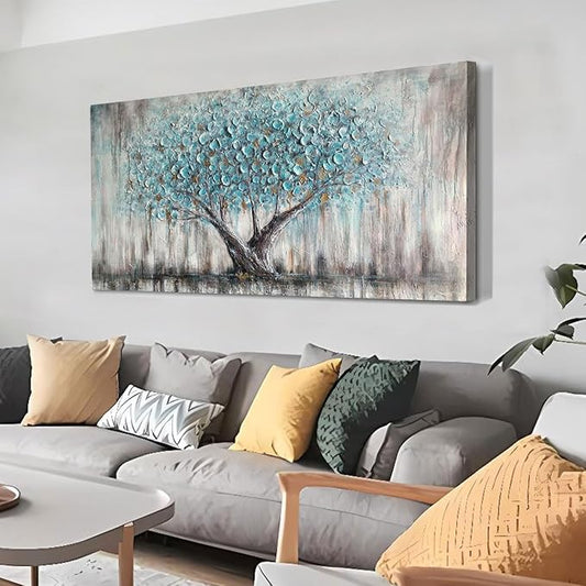 Arjun Tree Wall Art Canvas for Living Room Blue Tree of Life Nature Teal Abstract Textured Painting Picture Modern Panoramic Landscape Artwork Framed Bedroom Home Office Decor, Large Size 40"x20"