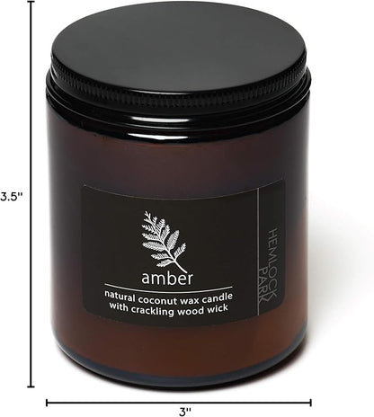 Hemlock Park Crackling Wood Wick Candle Handcrafted with Natural Coconut Wax (Standard 8 oz, Amber)