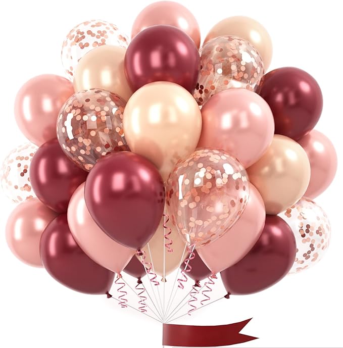 Burgundy Rose Gold Balloon, 60 Pcs 12 Inches Wine Red Champagne Confetti Balloons for Women Girls Birthday Wedding Bridal Shower Party Anniversary Decoration