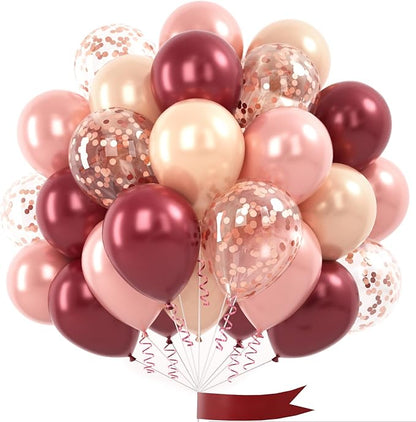 Burgundy Rose Gold Balloon, 60 Pcs 12 Inches Wine Red Champagne Confetti Balloons for Women Girls Birthday Wedding Bridal Shower Party Anniversary Decoration