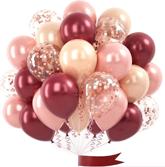 Burgundy Rose Gold Balloon, 60 Pcs 12 Inches Wine Red Champagne Confetti Balloons for Women Girls Birthday Wedding Bridal Shower Party Anniversary Decoration