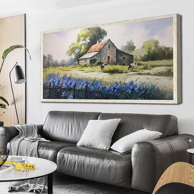 Ardemy Farmhouse Canvas Wall Art Large Framed Vintage Farm Cow Pictures Wall Decor Living Room Village Nature Painting Artwork Wall Art Bedroom Dining Room Home Office, 48"x24"