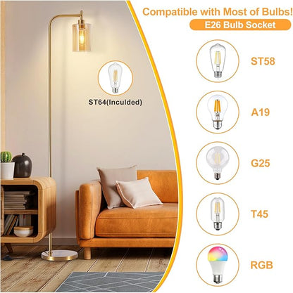 DLLT Floor Lamp Tall for Room: Gold Standing Lamp with Amber Glass Lampshade for Living Room - Modern Bright Lamp for Bedroom - Industrial Corner Floor Lamps for Office 8W Led Bulb Included