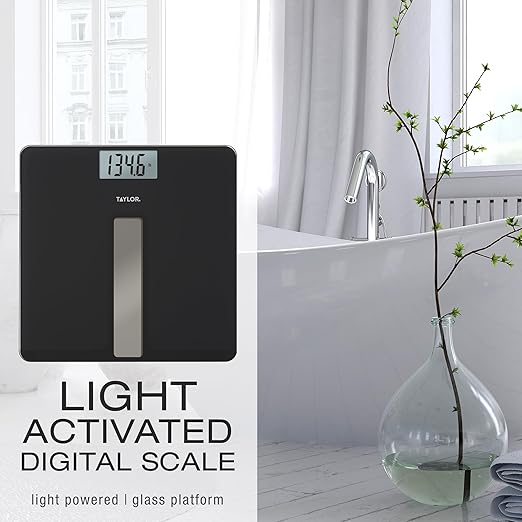 Taylor Light Powered Digital Bath Scale, Large and Durable Platform, Light Powered Panel with Endless Power, No Batteries Needed, Energy-Saving, Easy to Use, High 400 lb Capacity, Black