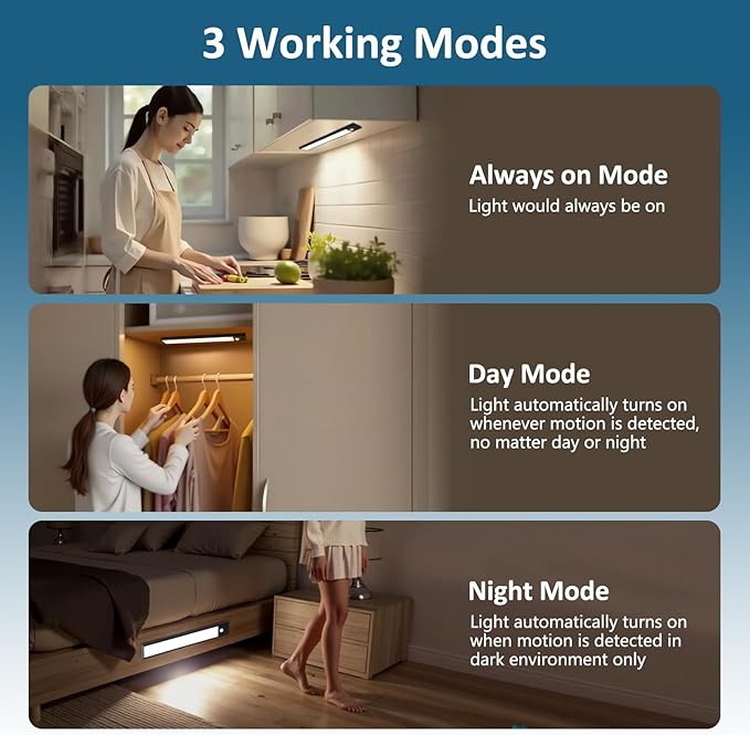 Ascher 15.2inch Under Cabinet Lights, 3000mAh Rechargeable Motion Sensor Light Indoor, 3 Color Temperatures & Stepless Dimmable Closet Lights, Magnetic Under Counter Light for Kitchen, Black - 2 Pack