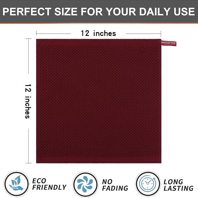 Kitinjoy 100% Cotton Kitchen Dish Cloths, 12 Pack Waffle Weave Ultra Soft Absorbent Dish Towels for Drying Dishes Quick Drying Kitchen Towels Dish Rags, 12 X 12 Inches, Burgundy