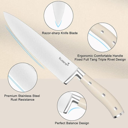 Kuisine Premium Sharp Knife Set,High Carbon Stainless Steel Ergonomic Handle,Knife Block Set with Built-in Sharpener(15PCS,Ivory)