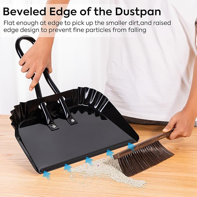 Yangbaga 3pcs Metal Dustpan and Brush Set, 17In Extra Large Handheld Dust Pan and Wood Broom,Heavy-Duty Dust Pans Metal Edge Flat Against Floor for Patio/Pet/Car/Outdoor