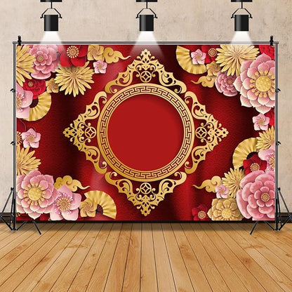 AOFOTO 5x3ft Chinese New Year Backdrop Red and Gold Paper-cuts Floral Lucky Clouds Traditional Spring Festival Asian Lunar New Year Background Room Decoration Banner Kid Portrait Photo Shoot Props