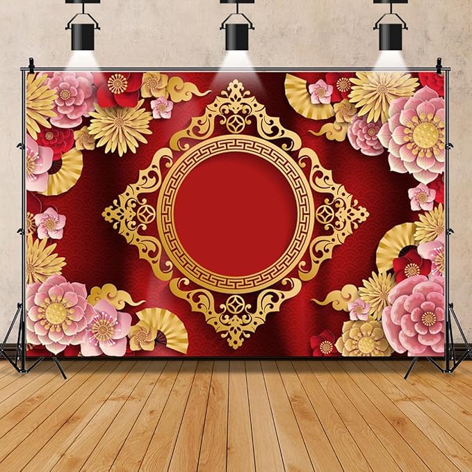 AOFOTO 10x7ft Chinese New Year Backdrop Red and Gold Paper-cuts Floral Lucky Clouds Traditional Spring Festival Asian Lunar New Year Background Room Decoration Banner Kid Portrait Photo Shoot Props