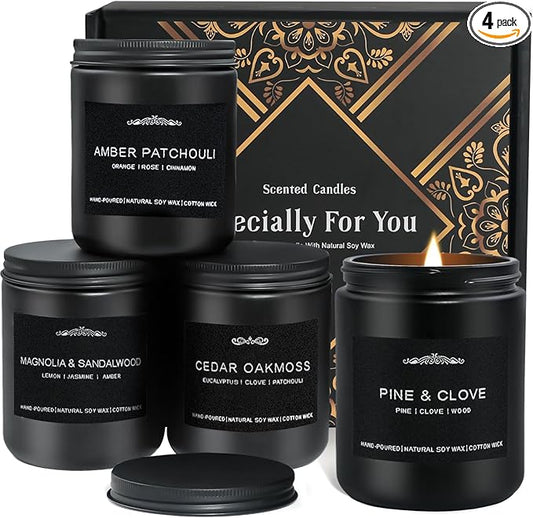 Scented Candles for Men, 4 Pack Candles for Home - Gifts for Men - 28oz 200 Hour Long Lasting Scented of Cedar Oakmoss/Pine & Clove/Magnolia & Sandalwood/Amber Patchouli