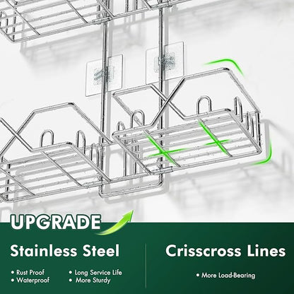 Stainless Steel Shower Caddy Hanging for Handheld Shower Heads,Rustproof Hose Shower Organizer Adjustable Length Shower Rack with 24 Hooks,Razor Holder,Soap Holder