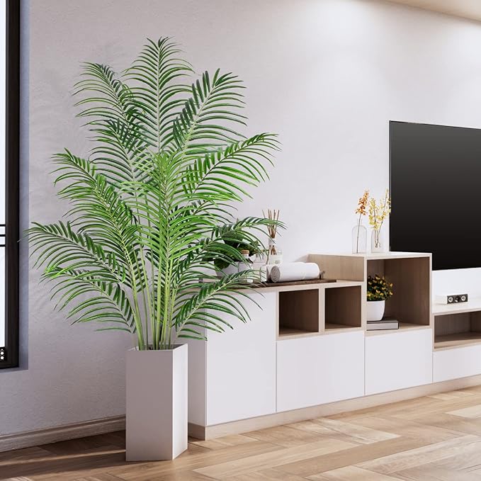 Artificial Palm Tree 6ft Tall Fake Palm Tree Indoor Decor with 18 Trunks and Real Bark Design Faux Tropical Areca Palm Silk Floor Plant in Pot for Home Office Living Room Bedroom Decor 2pcs