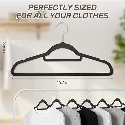 Velvet Hangers 30 Pack with Gold Hooks, Non-Slip Slim Felt Hanger for Clothes, Space Saving Heavy Duty Flocked Hangers for Dresses, Coats, Pants(Black)