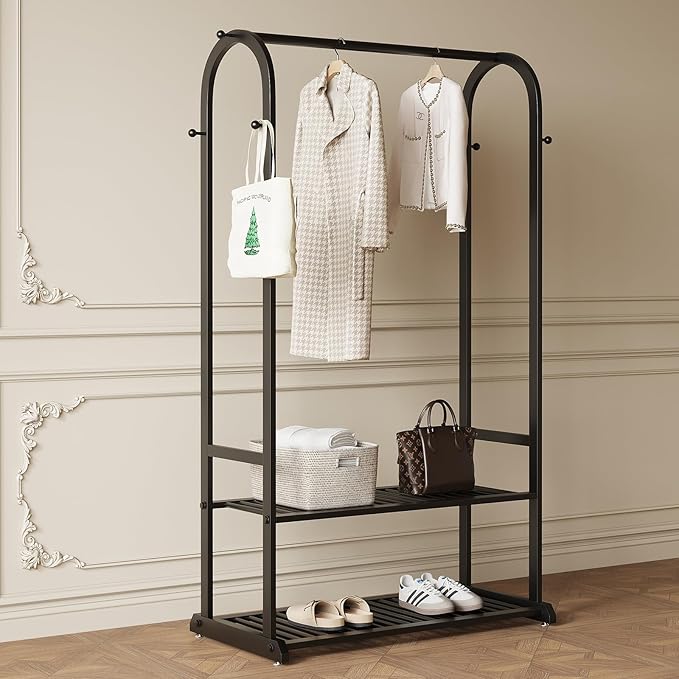 Black Clothing Rack,Heavy duty clothes rack with 2-tier Bottom Shelves, Garment Rack with 6 Side Hooks for Hanging Clothes, Coats, Shirts (black, 31.5in)