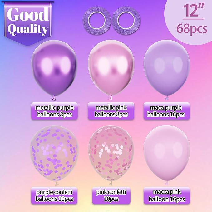 KAWKALSH Pink and Purple Balloons, 68PCS 12 Inch Metallic Purple Pink Confetti Latex Balloons with Ribbon, Party Balloons for Girls Birthday Baby Shower Wedding Party Decorations